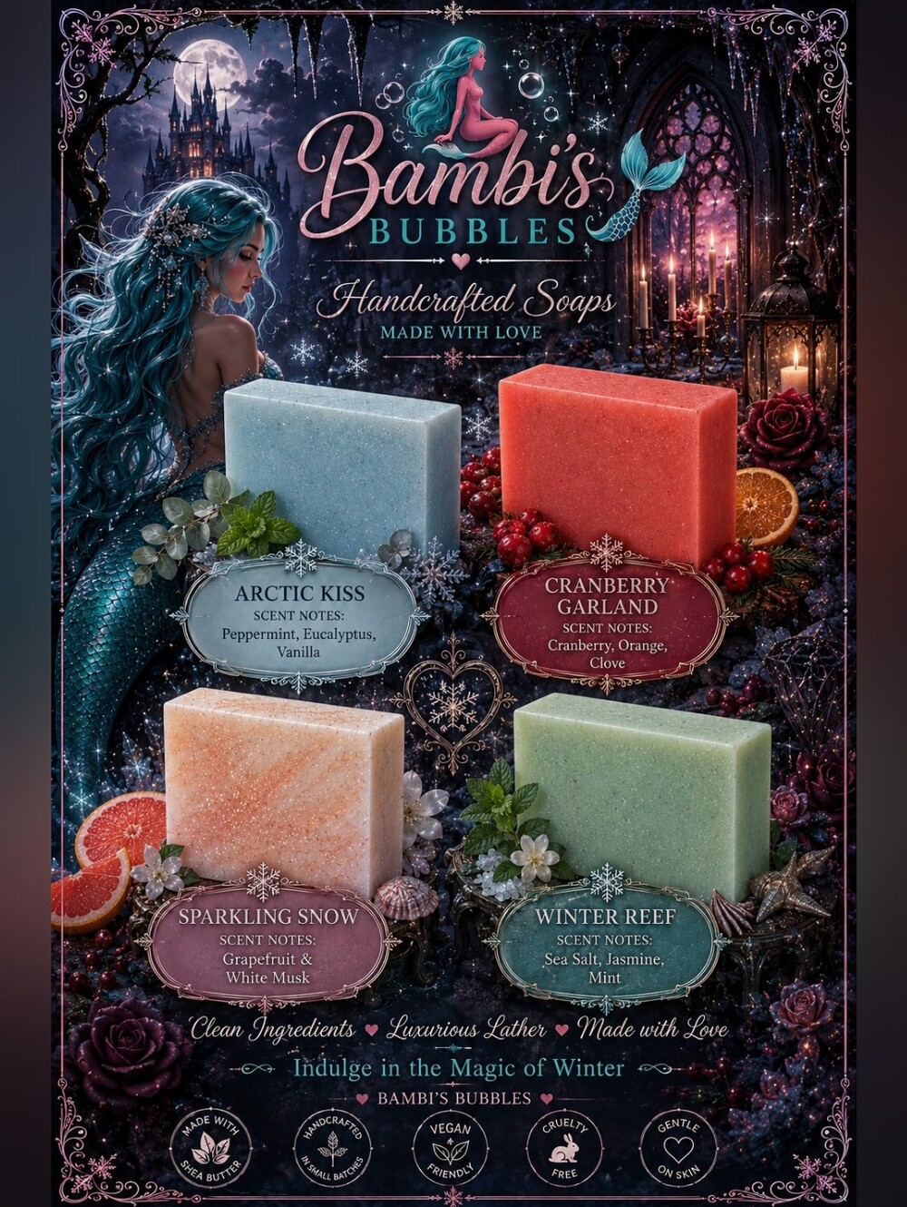New! Bambis Bubbles Christmas In August Collection 4oz Shea Butter Soap